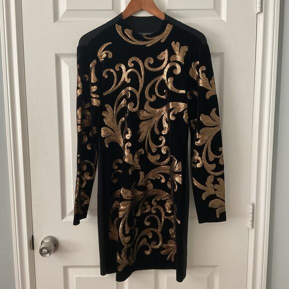 INC International Concepts Dress Size M Sequin Sweater Black Gold Mini - Picture 1 of 4